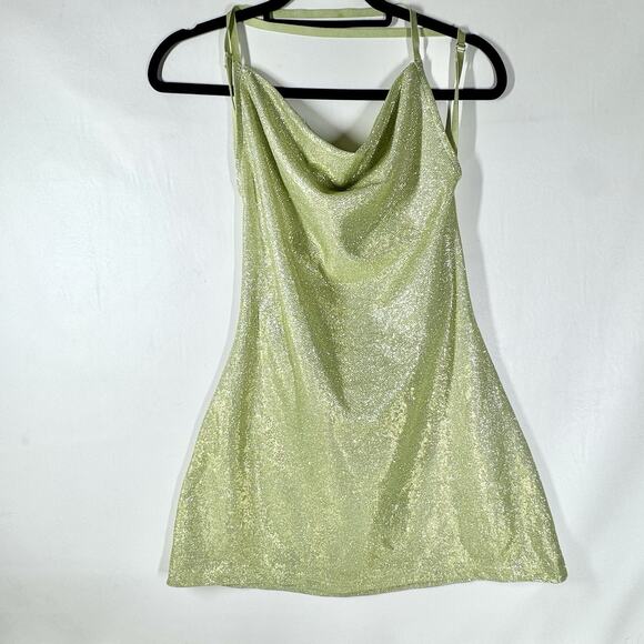 Green Glitter Sparkle Slip Mini Dress Sz M Cowl Neck Crisscross Strap Tinkerbell - Picture 1 of 8